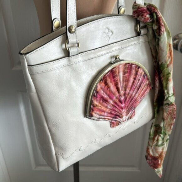Patricia Nash Poppy Tote Leather w Seashells by the Seashore Scarf Latte White - Picture 12 of 12